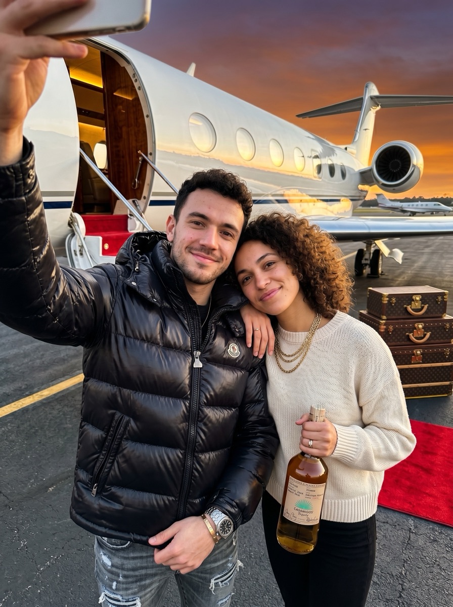Same couple styled aboard a private jet with designer drip