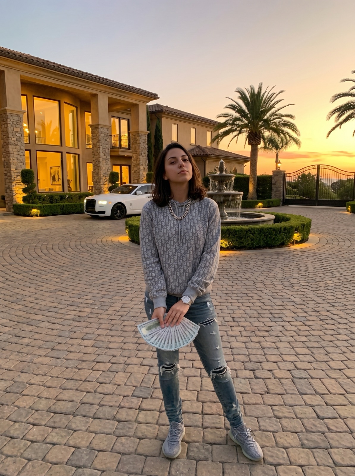 Same person styled in designer drip at a luxury mansion